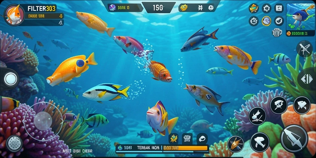 Screenshot FILTER303 menampilkan gameplay seru Tembak Ikan di dunia bawah laut.