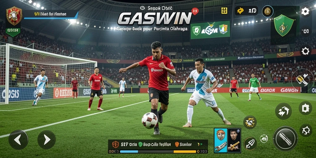 Tampilan gameplay GASWIN menampilkan aksi sepak bola yang menegangkan.