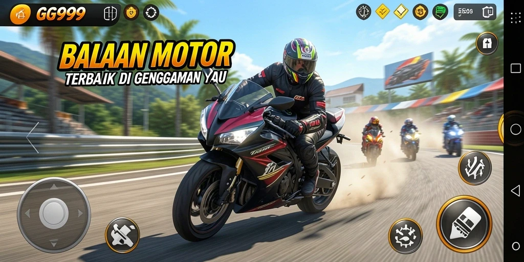 Screenshot gameplay GG999 menunjukkan aksi seru balapan motor.