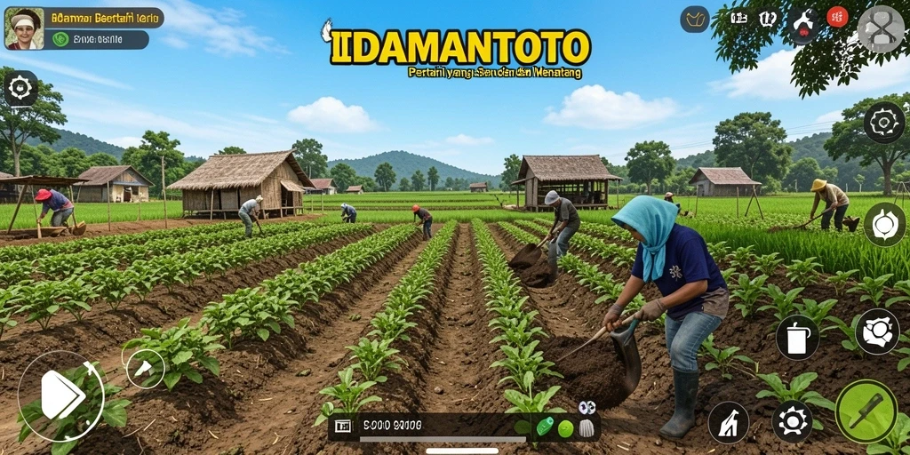 Screenshot gameplay IDAMANTOTO yang menunjukkan petani sedang memanen hasil.