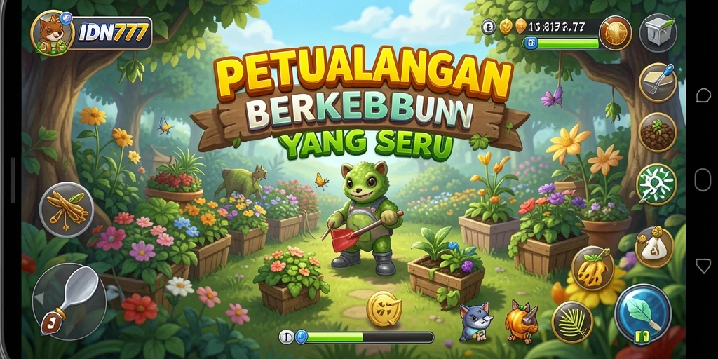 Screenshot gameplay IDN777 menampilkan kebun yang subur dan berwarna-warni.