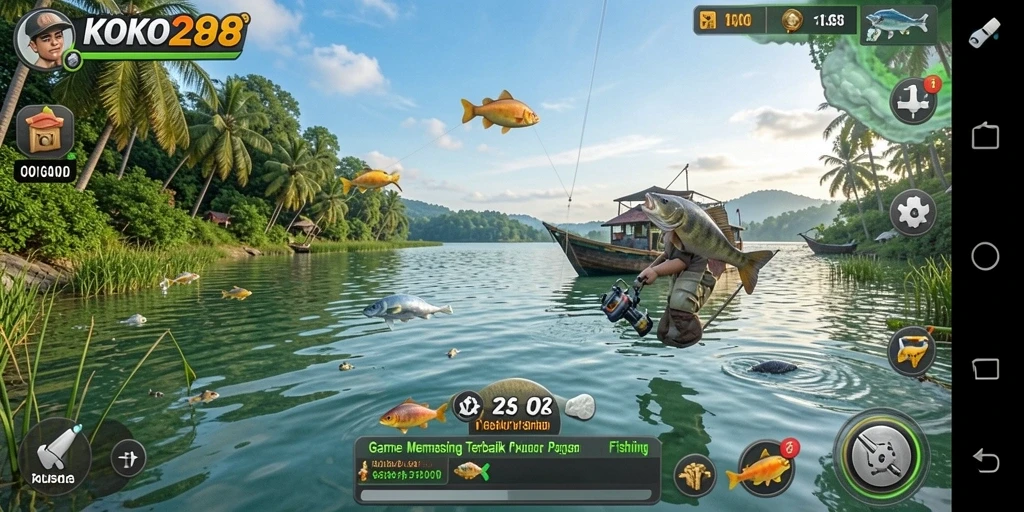 Screenshot gameplay KOKO288 menampilkan petualangan memancing seru di lautan.