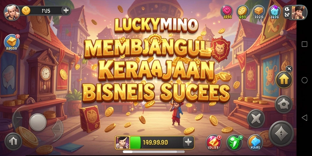 Screenshot gameplay <strong>LUCKYMINO</strong> yang menampilkan transaksi bisnis yang dinamis.