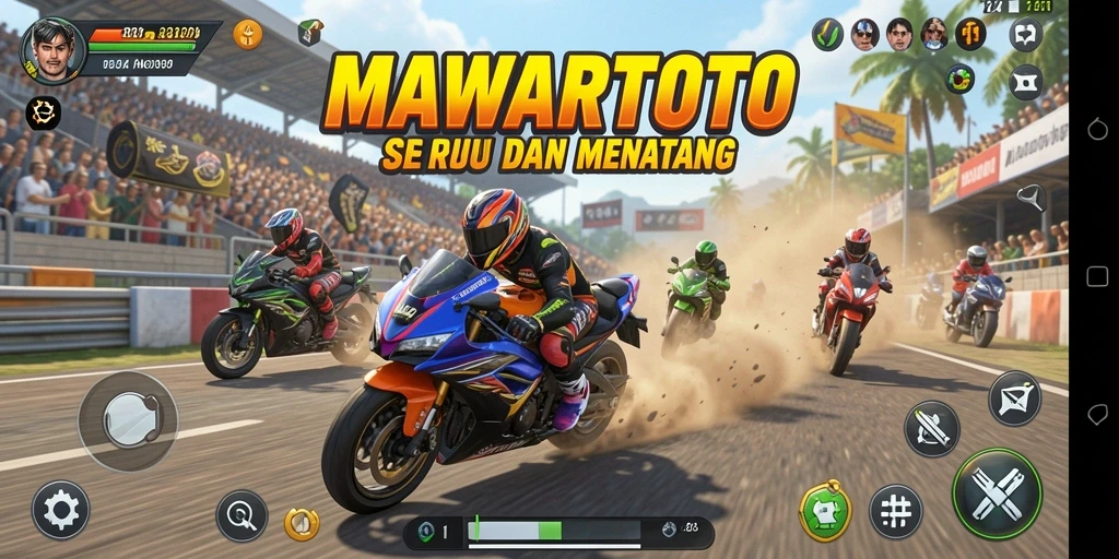 Tangkapan layar gameplay <strong>MAWARTOTO</strong> yang menampilkan balapan motor yang mendebarkan.