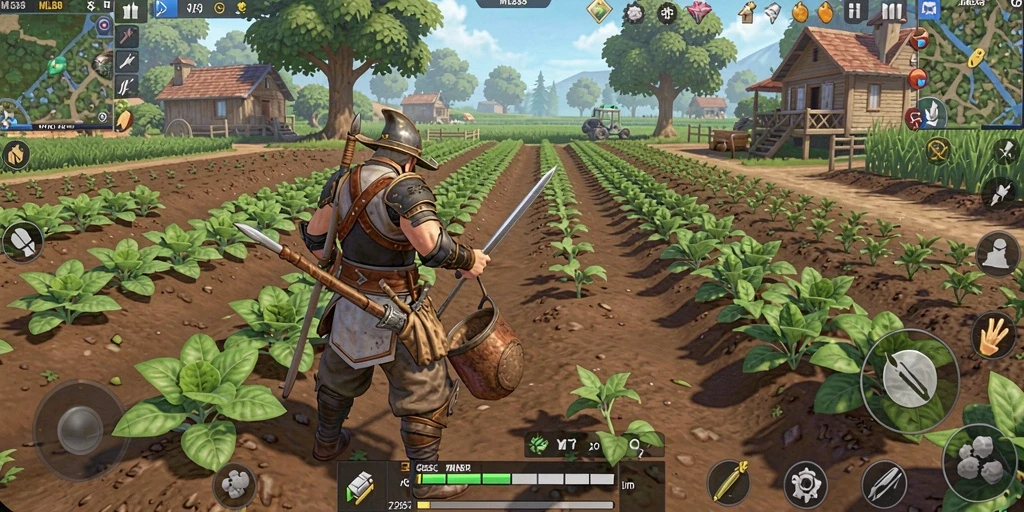 Screenshot gameplay MLBB8 dengan kebun yang asri dan hewan ternak.