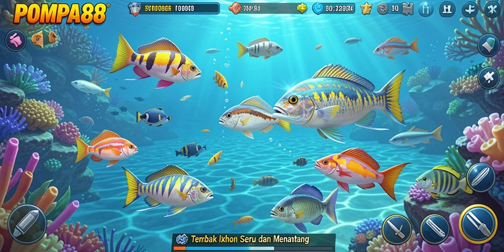 Screenshot utama POMPA88 menampilkan gameplay Tembak Ikan yang seru dan menantang.