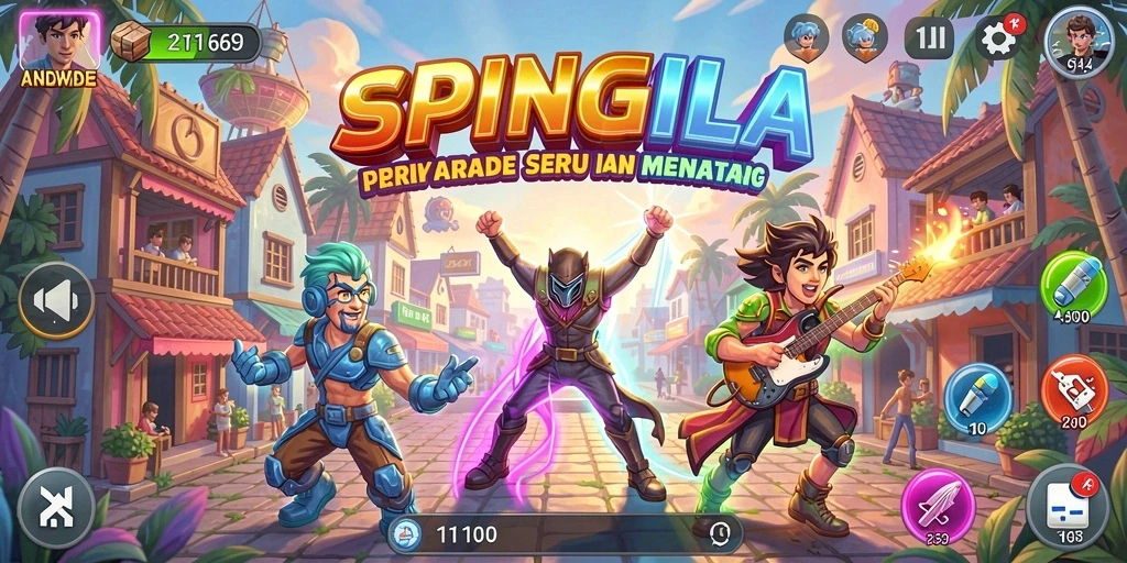Screenshot gameplay SPINGILA dengan rintangan dan karakter menarik.